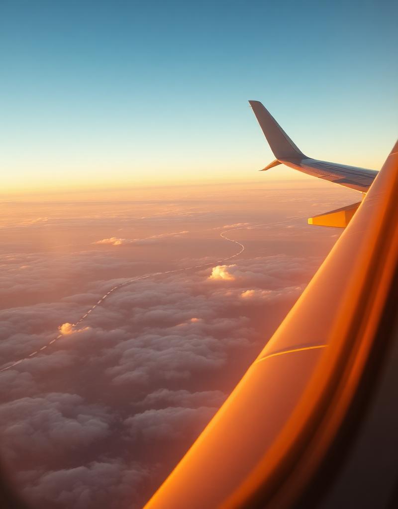 Vista desde la ventanilla de un avión sobre las nubes al atardecer