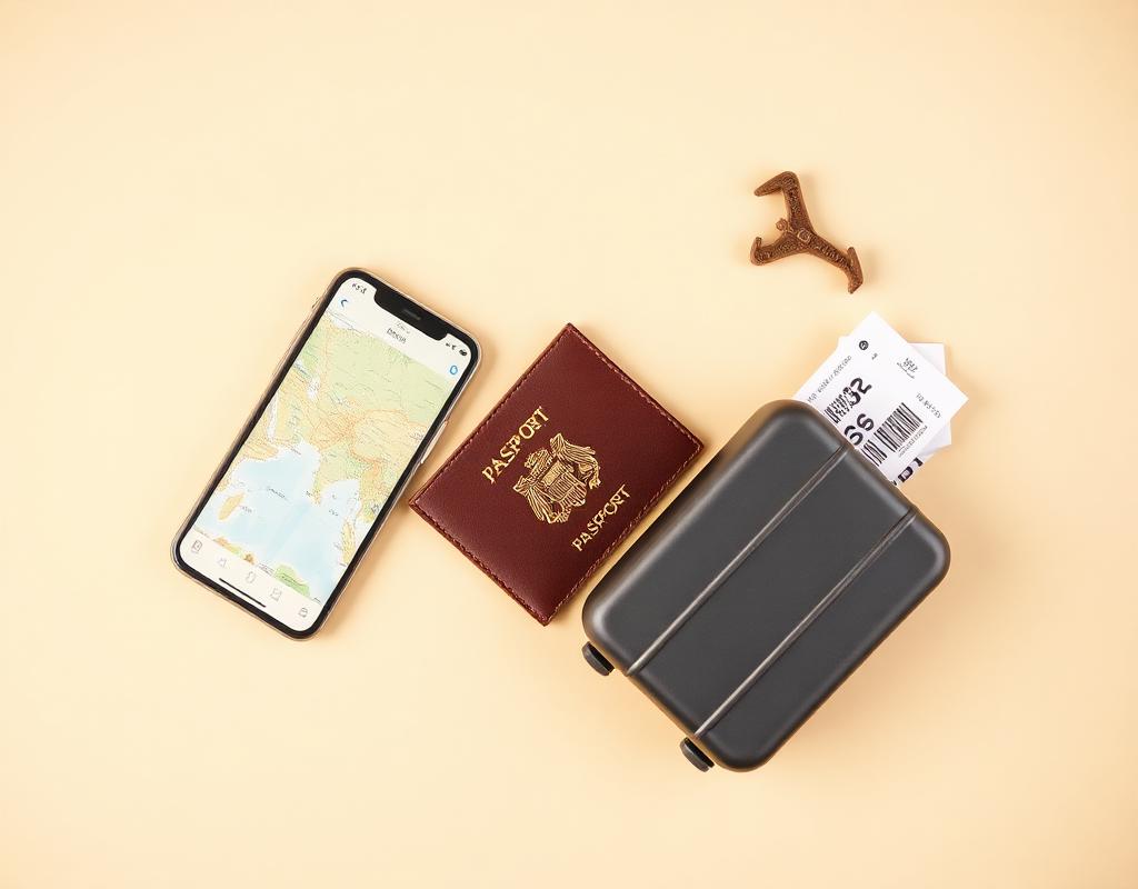 Pasaporte, maleta, celular con mapa y boleto de avión sobre fondo arena