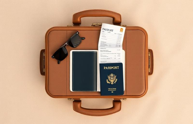 Maleta, pasaporte y boleto de avión