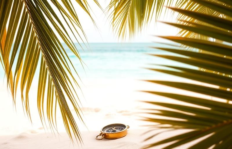 Playa tropical con palmeras y brújula